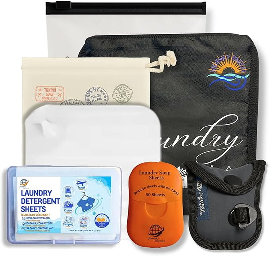 Travel Laundry Detergent Sheets Kit – 2-Size Travel Detergent Sheets + Lightweight Clothesline, Universal Sink Stopper & Foldable Laundry Bag Great for Hotels, Cruises, Camping & Trips