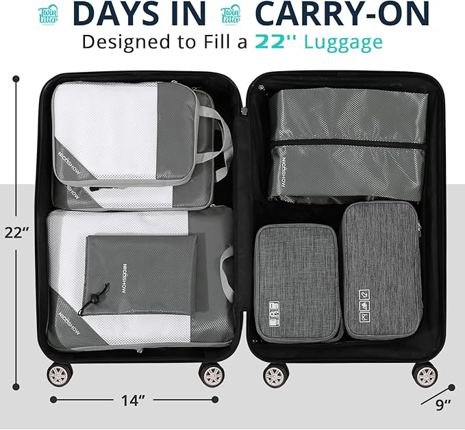 NICOSHOW 7 Set Compression Packing Cubes for Travel - Compressible, Lightweight, and Space-Saving Packing Cubes, Travel Essentials for Women, Grey