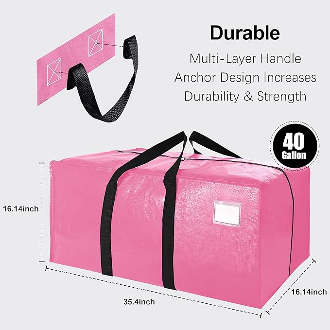 6 Pack Heavy Duty Extra Large Moving Bags W/Backpack Straps - Strong Handles & Zippers, Storage Totes For Space Saving, Fold Flat, Alternative to Box and Bin (40 gal, Pink)