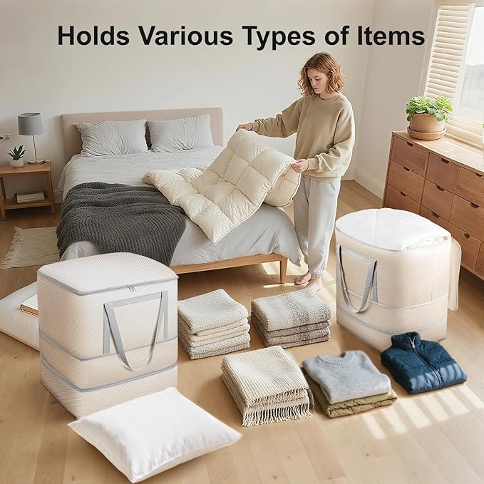 Comforter Storage Bag - 120L Bedding Storage Bags for Moving Closet, Washable Blanket Storage Bag, Ultra Space Saving Self Compression Organizer 4-Pack, Beige