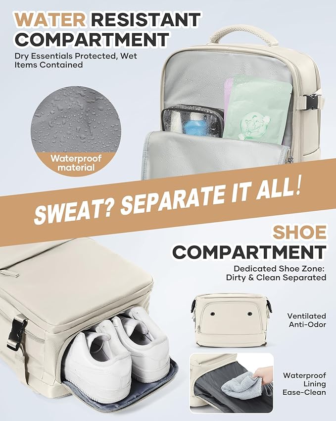 WONHOX Vacuum Seal Travel Backpack with Air Pump,Compression Vacpack Waterproof Carry On Backpack for Travel Women Men with Vacuum System,Airlines Approved Daypack Laptop Space Saver Bags,Beige