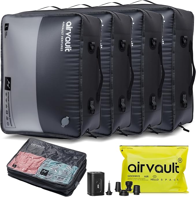 AirVault Reusable Vacuum Compression Travel Bag for Carry-On Suitcase and Backpack, Recycled IP67 Waterproof Space Saver Vacpack (41L (4-Pack))
