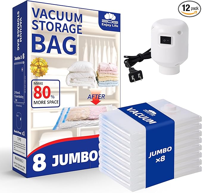 Jumbo Vacuum Storage Bags with Electric Pump, 8-Pack Heavy Duty Reusable Space Saver Bags for Comforters, Bedding, Blankets, Clothes - Home Organization & Travel