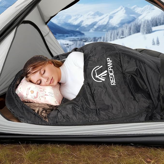 REDCAMP Flannel Sleeping Bag for Adults, Comfortable Cotton Envelope Sleeping Bags for Camping, Backpacking, Hiking, with Detachable Hood&Compression Sack, Blue/Red/Grey/Black