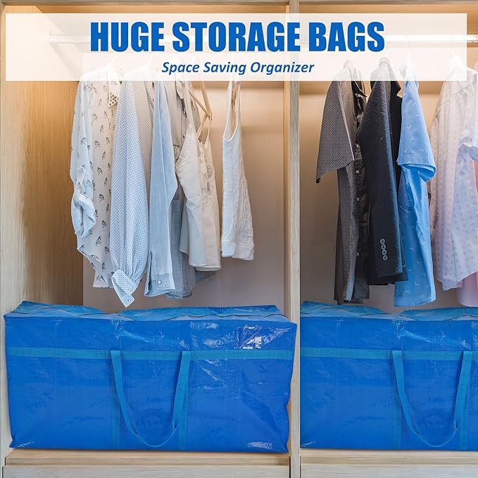 6 Pcs 96 Gallon Extra Large Moving Bags Heavy Duty Storage Bag with Strong Zipper Handle Foldable XXL Jumbo Storage Tote Packing Moving Box for College Dorm Travel Cloth Duffle (Blue)
