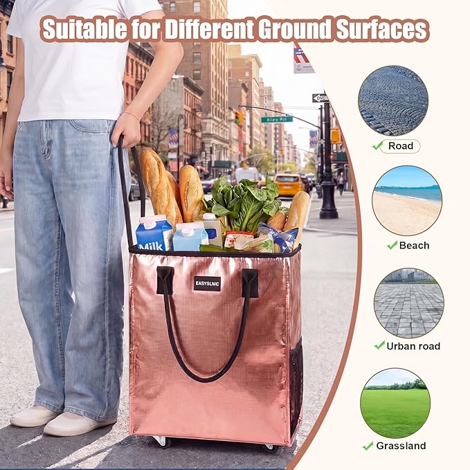 Reusable Hauler Rolling Tote Bag, Collapsible Portable Shopping Bag with Wheels for Groceries, Apartments Laundry, Organization,Heavy Duty Utility Tote Bag for Travel Moving, 75lbs, Rose Gold