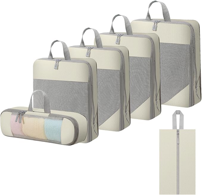 WOOMADA Compression Packing Cubes for Suitcases Travel Essentials 6 Set Rectangle Mesh Expandable Travel Bags Organizer for Luggage