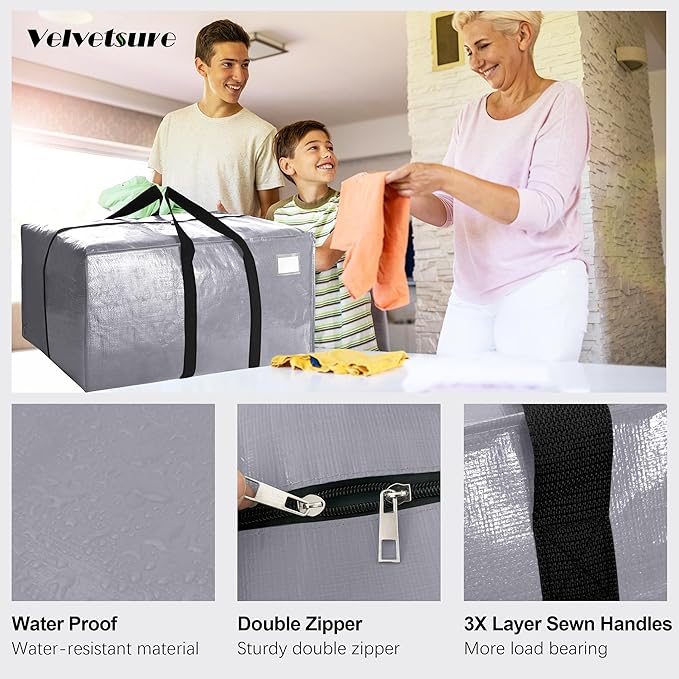 VELVETSURE Heavy Duty Extra Large Moving Bags W/Backpack Straps - Strong Handles & Zippers, Storage Totes For Space Saving, Fold Flat, Alternative to Moving Box and Storage Bin (Set of 6, Silver)