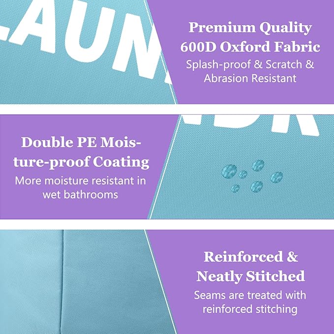 3PCS 95L Laundry Basket, Collapsible Clothes Hamper with Handle, 600D Oxford Cloth Laundry Bin, Stand-alone Dirty Clothes Hamper for Livingroom, Bedroom, Family, Pink+Blue+Purple