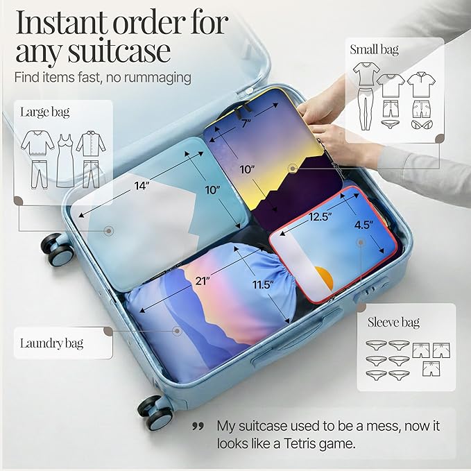 4-Piece Luxury Compression Packing Cubes & Bags for Travel – Maximize Space in Luggage with HybridMax Double-Capacity Design, 50 Luggage Tags, Patented Suitcase Organizer Bags, Lifetime Satisfaction