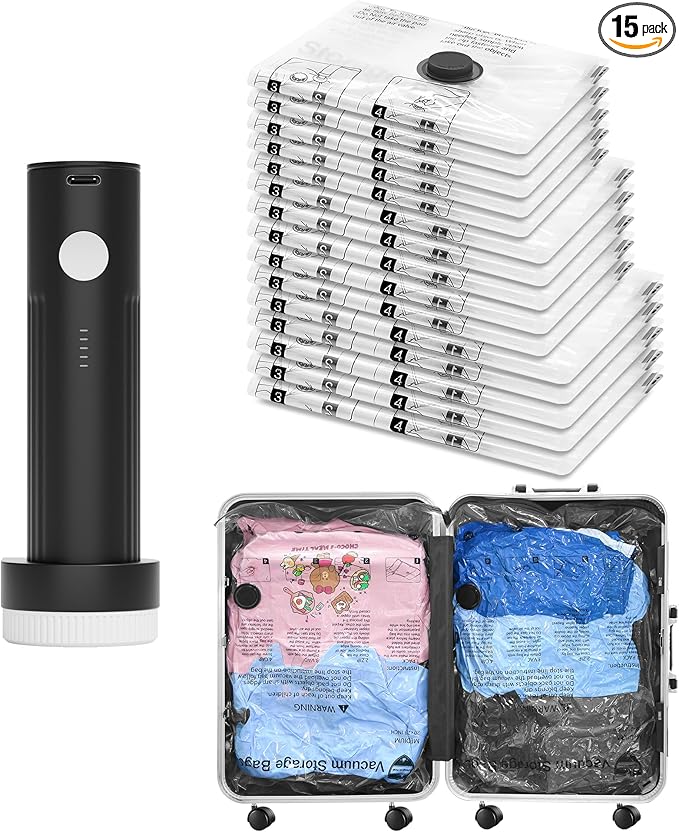 Vacuum Seal Bags for Clothing Travel and Home Storage, Travel Vacuum Bags with Electric Pump, Space Saver Compression Packing Cubes for Luggage Suitcase Bedding Blankets Clothes, 15 Combo
