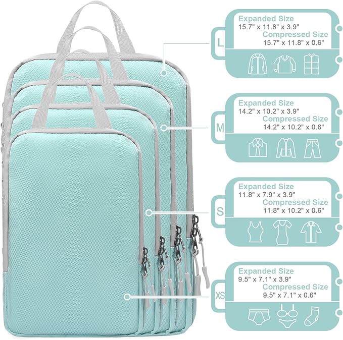 WOOMADA Compression Packing Cubes for Suitcases Travel Essentials 4 Set Expandable Travel Bags Organizer for Luggage(turquoise)