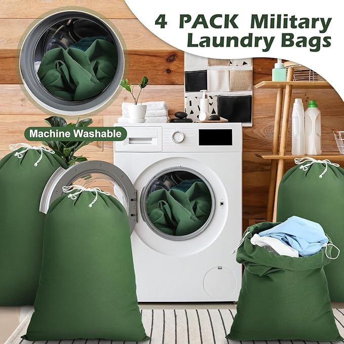 4 Pcs Army Laundry Bags 24'' x 32'' Extra Large Heavy Duty Military Barracks Drawstring Canvas Cotton Laundry Bags for Home Travel Camp Clothes Organizer Storage