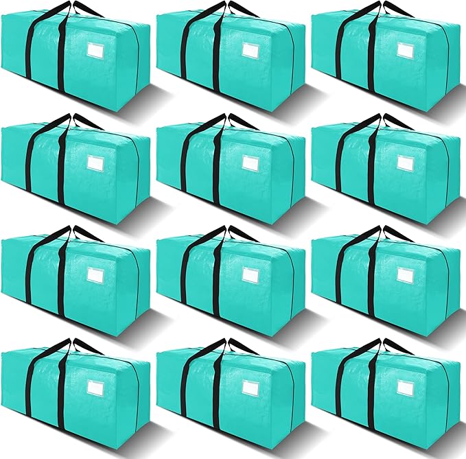 VELVETSURE 12 Pack Heavy Duty Large Moving Bags W/Backpack Straps - Strong Handles & Zippers, Storage Totes For Space Saving, Fold Flat, Alternative to Moving Box and Storage Bin, Aquamarine