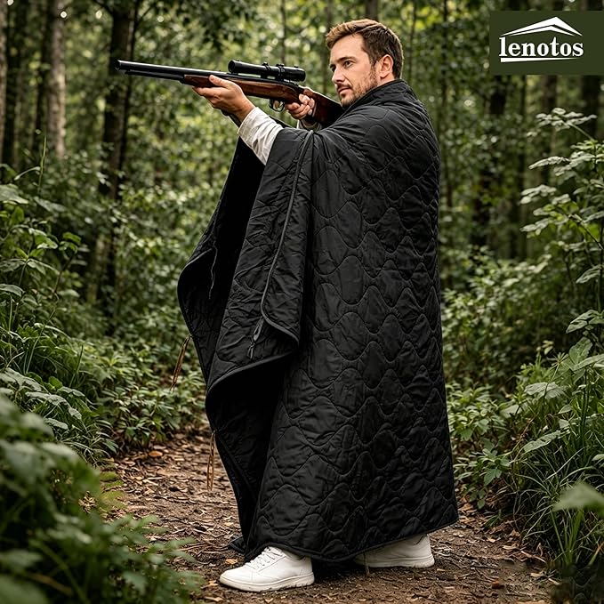 Lenotos Woobie Blanket, Thermal Insulated Military Poncho Liner, Water-Resistant, Portable, Insulation, for Hiking, Survival with Compression Carry Bag (Black)