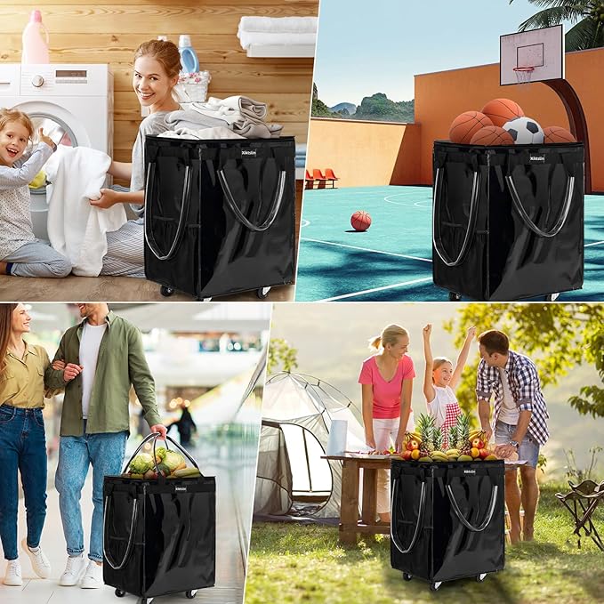 (Medium, Black) Reusable Grocery Bag on 4 Wheels, Foldable Rolling Tote Carries Up to 66lb Shopping Trolley, Rolling Bag with 3 Handles, Zipper Clouser Rolling Tote Bag with Wheels for Laundry