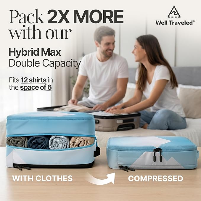 Well Traveled 8 pcs Compression Packing Bags Cubes Set with HybridMax Double-Capacity Design - Packing Cubes for Travel Compression to Maximize Limited Luggage Space, Vista