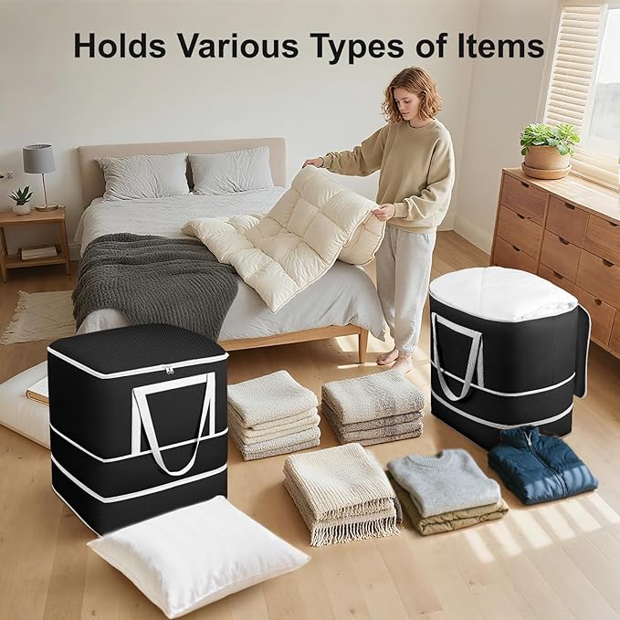 Comforter Storage Bag - 120L Bedding Storage Bags for Moving Closet, Washable Blanket Storage Bag, Ultra Space Saving Self Compression Organizer, 4-Pack, Black