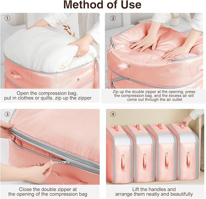 Homsorout 6 Pack Compression Storage Bags - 110L Large Capacity Comforter Storage Bag, 3-Layer Washable Ultra Space Saving Self Compression Organizer Space Bags for Blankets, Sweaters, Sheets, Pink