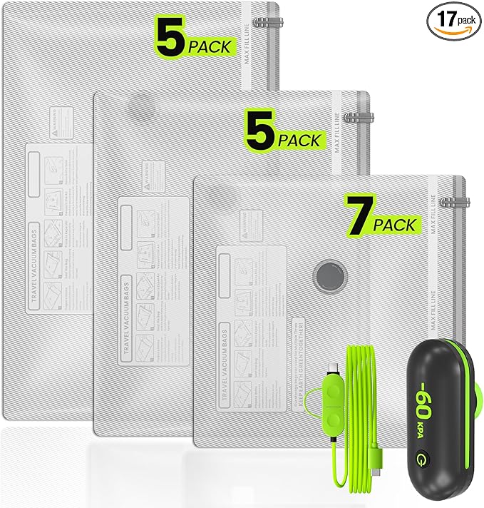 (17PACK) Travel Vacuum Bags with USB-Powered Pump (Plug to Work, No Battery) – Portable Vacuum Sealer for Travel & Home, Space-Saving Compression Bags for Clothes, Bedding & Seasonal Storage