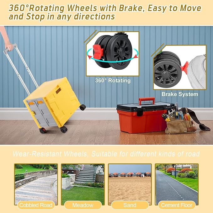 FELICON Folding Utility Cart Portable Rolling Crate Handcart with Durable Heavy Duty Plastic Telescoping Handle Collapsible Hidden Lid 4Rotate Wheels for Travel Shop Move Office Teacher(Yellow&Gray)