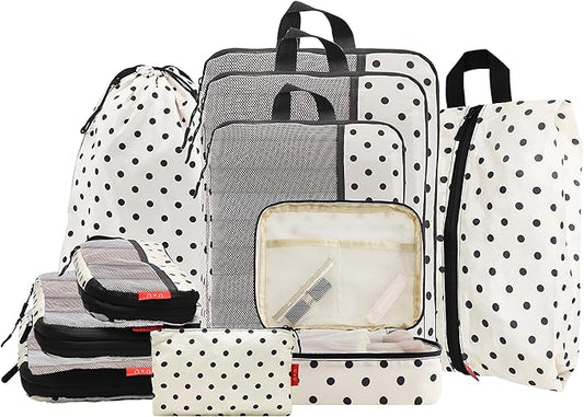 U+U 10 Set Compression Packing Cubes - Travel Organizers with Laundry Bag, Space-Saving Suitcase Organizer, Expandable Packing Organizers for Travel Essentials (Polka Dot)