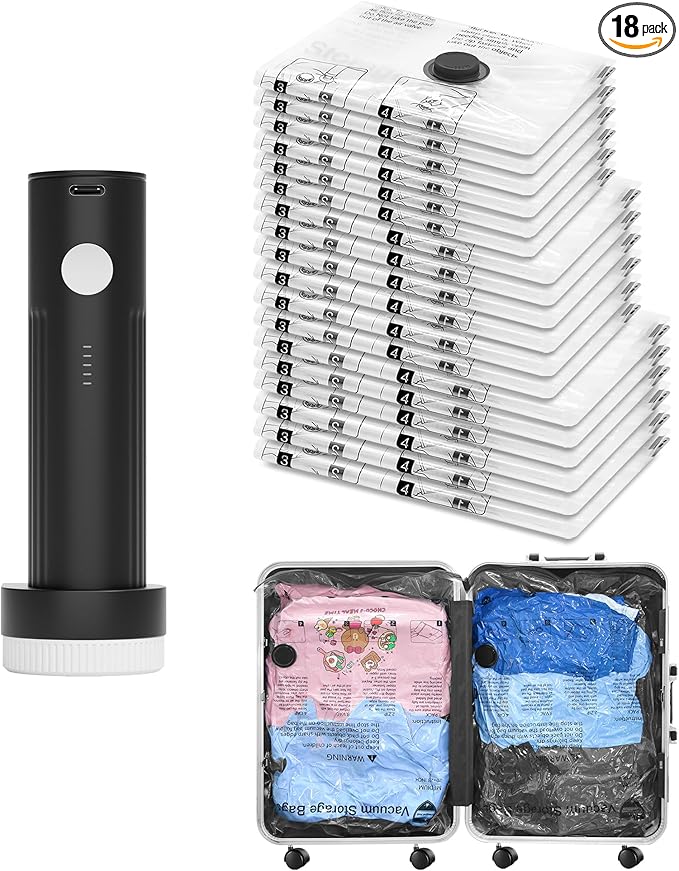Vacuum Seal Bags for Clothing Travel and Home Storage, Travel Vacuum Bags with Electric Pump, Space Saver Compression Packing Cubes for Luggage Suitcase Bedding Blankets Clothes, 18 Combo