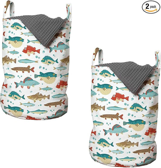 Ambesonne Fish Laundry Bag Pack of 2, Colorful Ocean Fish Cartoon Pufferfish Blowfish Exotic Japanese Cuisine Theme, Hamper Basket with Handles Drawstring Closure, 13" x 19", Aqua Brown