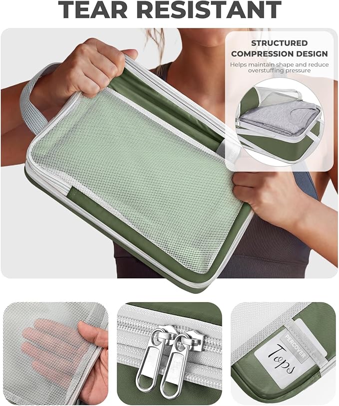 Percover Compression Packing Cubes for Travel, 8-Piece Structured Compression Organizer Set with Laundry Bag & Shoe Bag for Carry-On & Checked Luggage, Green