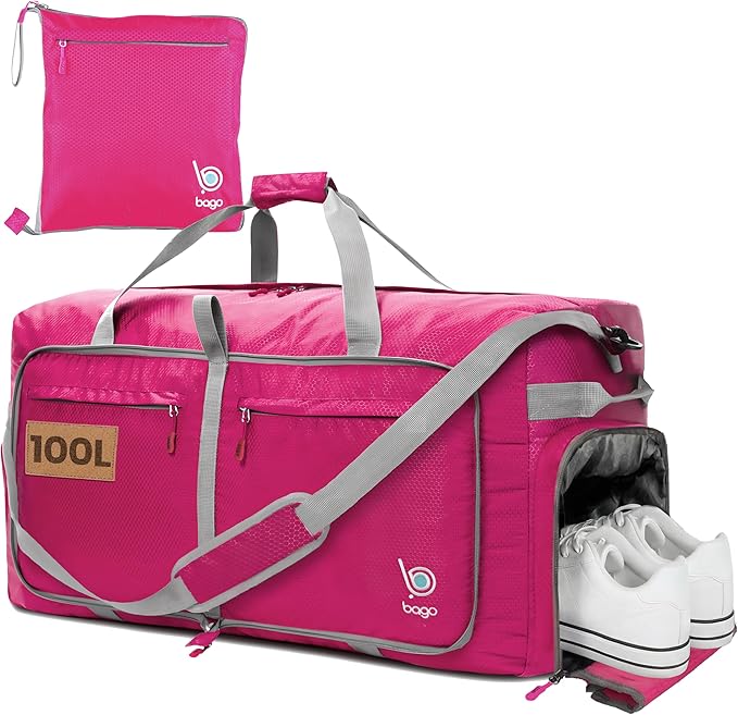 Bago Large Duffle Bag for Travel Women & Men. Durable Lightweight Foldable Travel Duffel Bags For Traveling Women. 100L Duffle Bags for Overnight Bag With Shoe Compartment Collapsible Weekender duffel