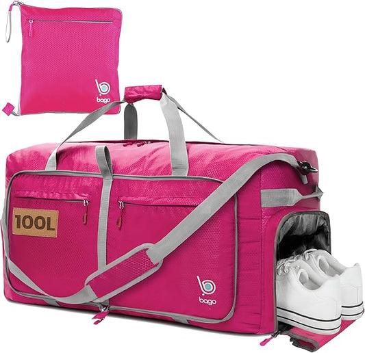 Bago Large Duffle Bag for Travel Women & Men. Durable Lightweight Foldable Travel Duffel Bags For Traveling Women. 100L Duffle Bags for Overnight Bag With Shoe Compartment Collapsible Weekender duffel