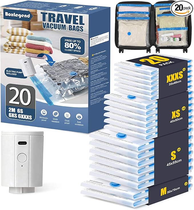 BoxLegend 20 Pack Travel Vacuum Storage Bags with Wireless USB Electric Pump (1200mAh) 4 Sizes for Luggage, Suitcase & Backpack Must-Have Travel Essentials Save 80% Space for Clothes & Packing