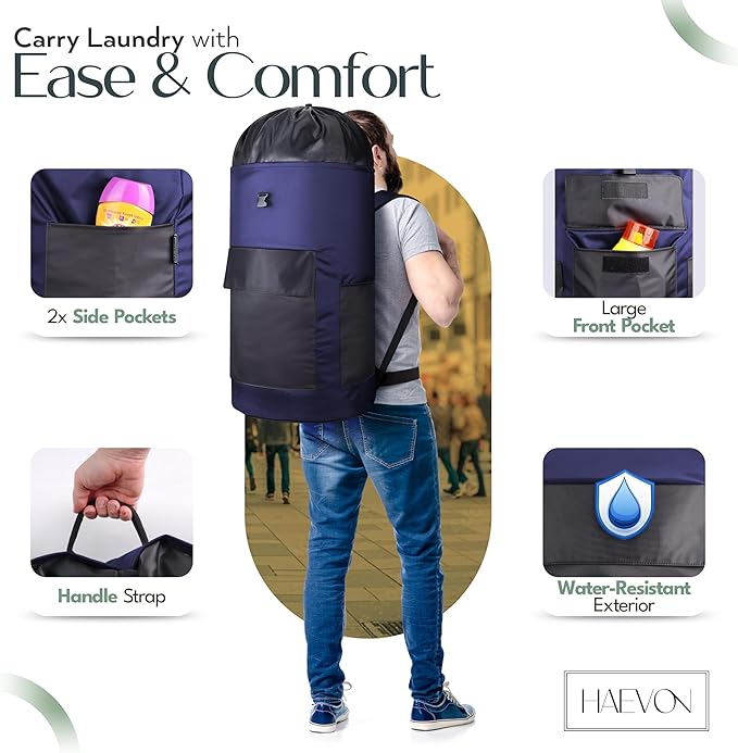 HAEVON Laundry Backpack - 131L Heavy Duty Laundry Bag with Padded Shoulder & Waist Straps, Removable Liner - College, Dorm, Apartment, Travel, Outdoor - Big Laundry Bag for Easy Carrying (Blue Black)