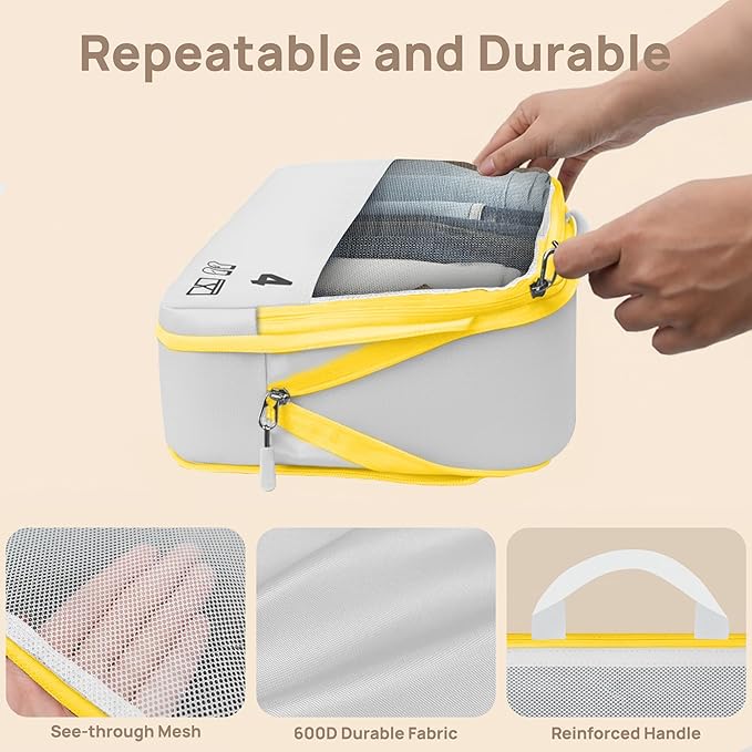 7 Set Compression Packing Cubes for Travel, Luggage Organizer Bags for Suitcases with Mesh Panels, Shoe Bag & Toiletry Bag for Carry On, Vacation & Cruise Essentials (White)