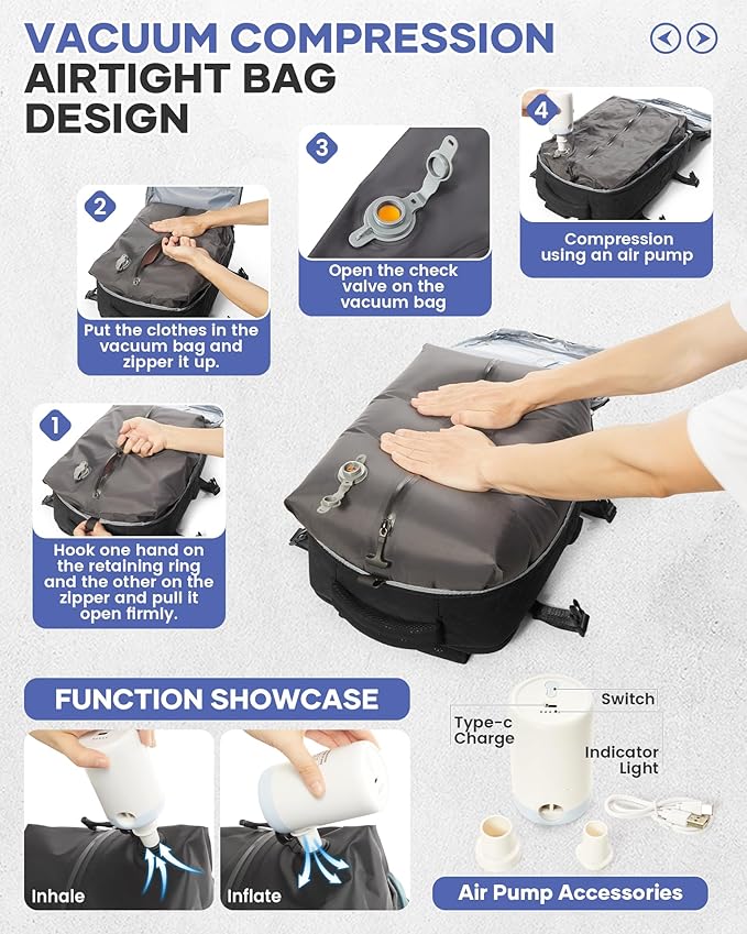 WONHOX Travel Vacuum Storage Backpack with Air Pump Vacuum Seal Compression Space Saver Bags Clothing Vacpack Travel Bag Carry on Personal item Laptop Work Backpacks Women Men Black