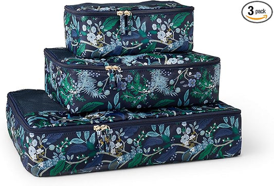 RIFLE PAPER CO. Soft Sided Packing Cubes Set of 3 (Includes 3 Different Sizes and a Laundry Bag, Travel Must Have Accessory, Stylized Pattern), Peacock