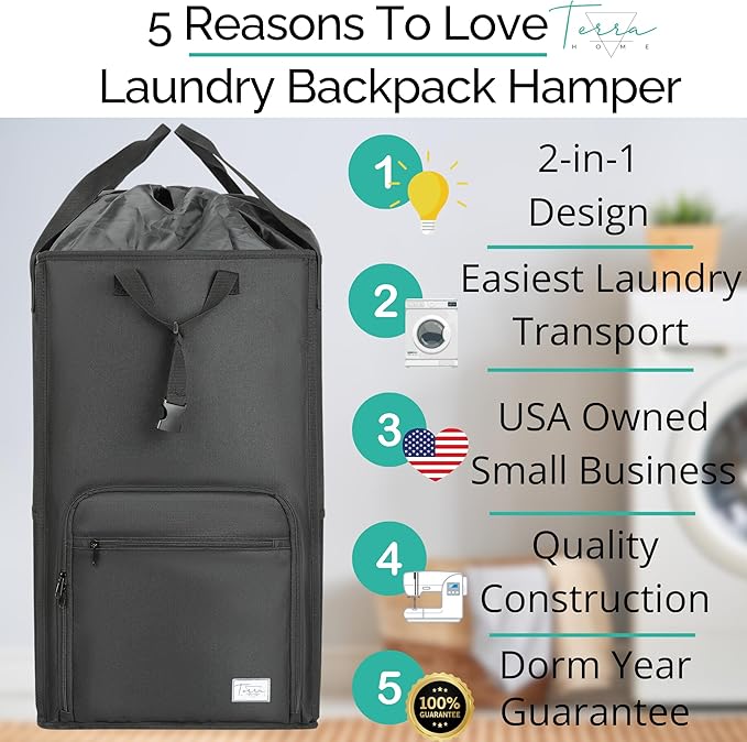 Terra Home College Essentials Travel Size Laundry Backpack - Portable, Durable, Foldable - Laundry Bag with Pockets for College Dorms - Extra Large Laundry Carrying Bag with Strap (Black)