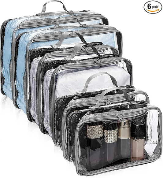 Hillban 6 Pcs Gray Large Clear Travel Packing Cube 3 Sizes See-through PVC Organizer for Suitcase Multipurpose Pouch with Handle Vinyl Zippered Storage Bags Luggage Cube Organizer