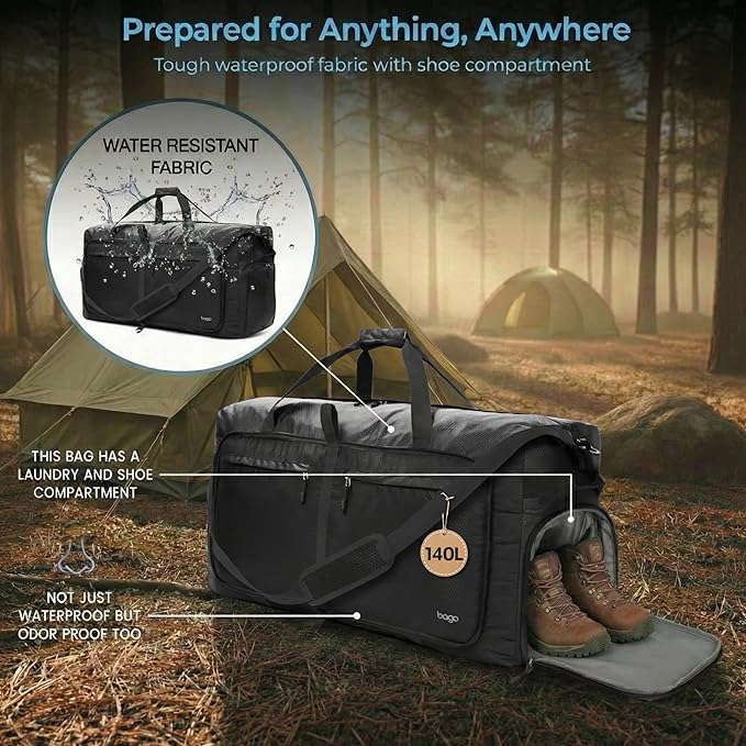 Bago Extra Large Duffle Bag for Travel Women & Men. Durable, Lightweight, Foldable Travel Duffel Bags For Traveling Women. 140L Duffle Bags Use As a Weekender Bag with Shoe Compartment, Checked Duffel