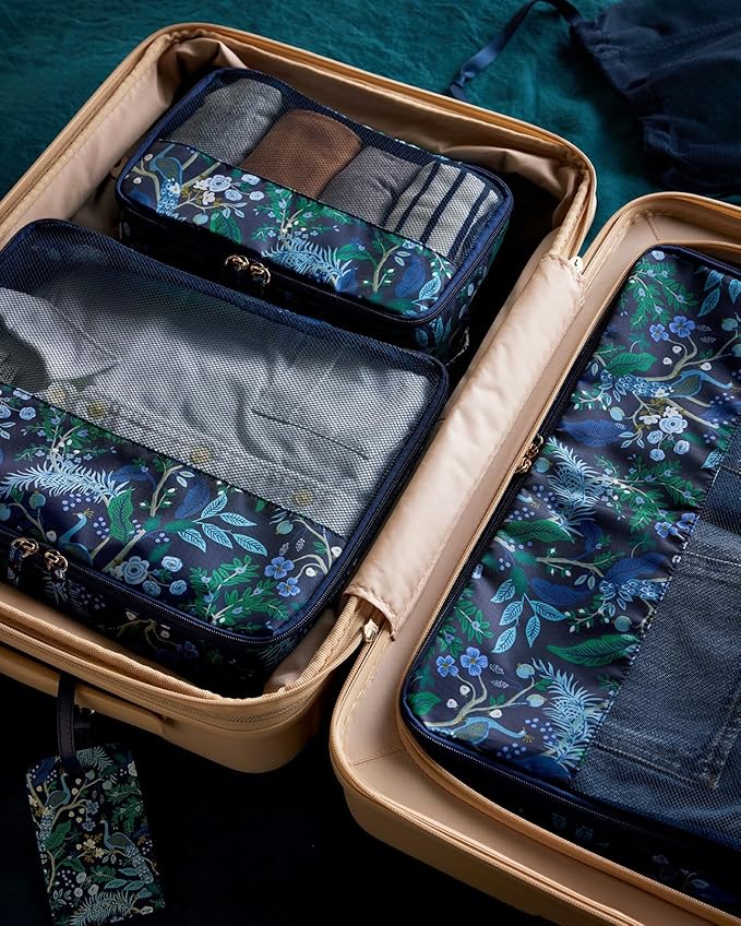 RIFLE PAPER CO. Soft Sided Packing Cubes Set of 3 (Includes 3 Different Sizes and a Laundry Bag, Travel Must Have Accessory, Stylized Pattern), Peacock
