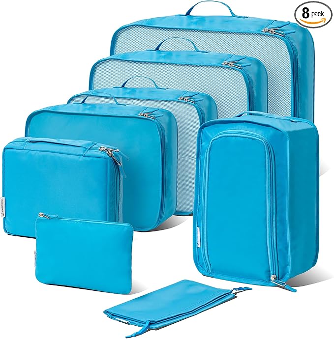 (Not Made In China) Packing Cubes For Travel, Luggage and Suitcase Organizer Bags, Carry On and Backpack Space Savers, Lightweight Waterproof Nylon, 8pc Set, Blue