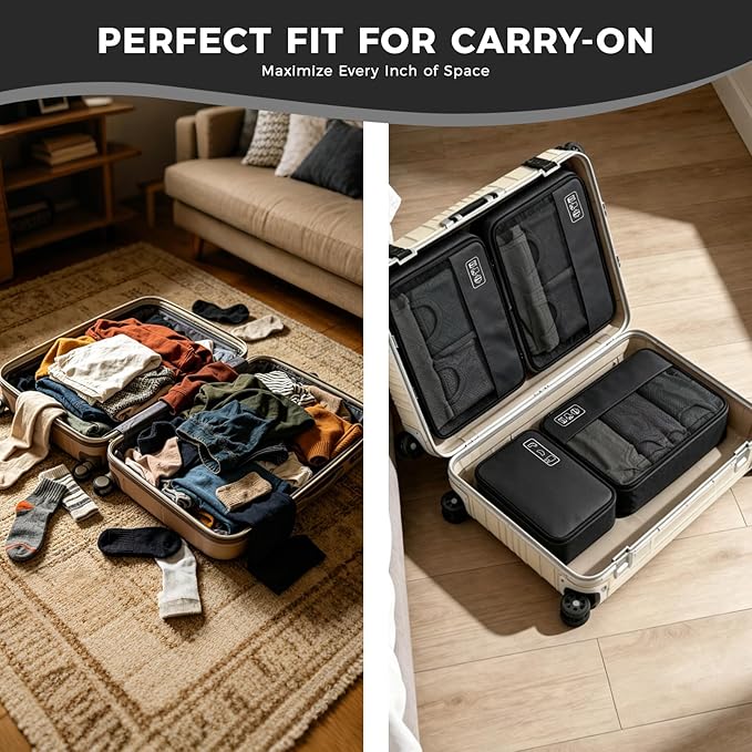 8-Piece Compression Packing Cubes for Travel, Ultralight Sleek Luggage Organizer Set for Business Trips & Frequent Travelers, Space Saving for Carry-On & Suitcase - Black