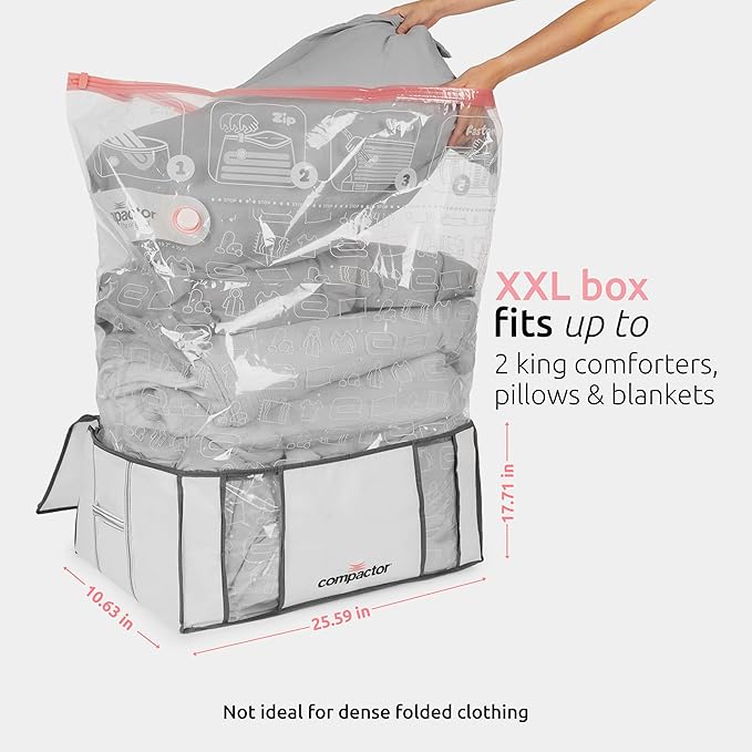 Compactor 3 Pack Vacuum Storage Bag with Semi-Rigid Box, Closet Organizer, Vacuum Seal Bags for Clothing and Bedding, Fits All Vacuum and Nozzle Types, 210L, White, XXL