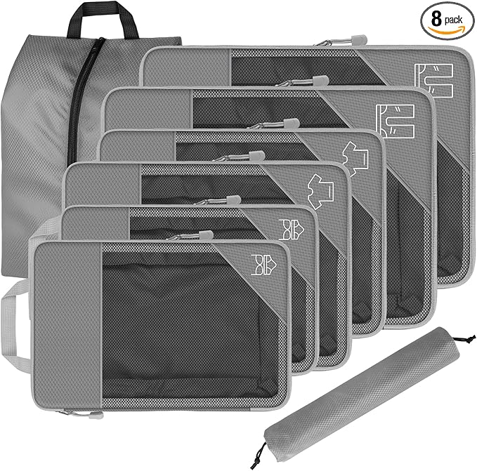 8 Set Compression Packing Cubes for Travel, Expandable Luggage Organizer with Shoe Bag & Laundry Bag - Lightweight Suitcase & Backpack Travel Essentials (Gray)
