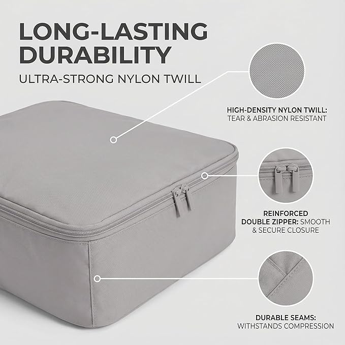 6 Set Compression Packing Cubes for 7–14 Day Travel, Durable Nylon Oxford Luggage Organizers with IP6X Waterproof Toiletry Bag, Expandable Suitcase Packing System (Misty Silver)