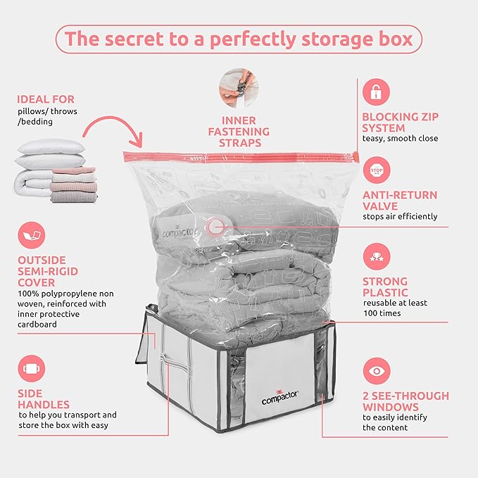 Compactor Vacuum Storage Bag with Semi-Rigid Structured Cube, Closet Organizer, Vacuum Seal Bags for Clothing and Bedding, Fits All Vacuum and Nozzle Types, 125L, White