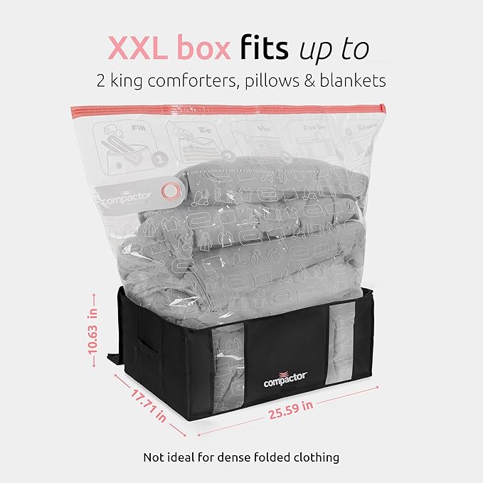 Compactor Vacuum Storage Bag with Semi-Rigid Box, Closet Organizer, Vacuum Seal Bags for Clothing and Bedding, Fits All Vacuum and Nozzle Types, 210L, Black, XXL