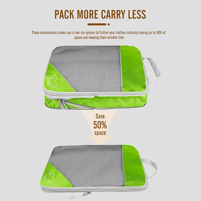 8 Set Compression Packing Cubes for Travel, Expandable Luggage Organizer with Shoe Bag & Laundry Bag - Lightweight Suitcase & Backpack Travel Essentials (Green)