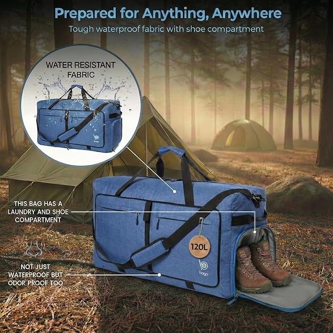 Bago Extra Large Duffle Bag for Travel Women & Men. Durable, Lightweight, Foldable Travel Duffel Bags For Traveling Women. 120L Duffle Bags Use As a Weekender Bag with Shoe Compartment, Checked Duffel