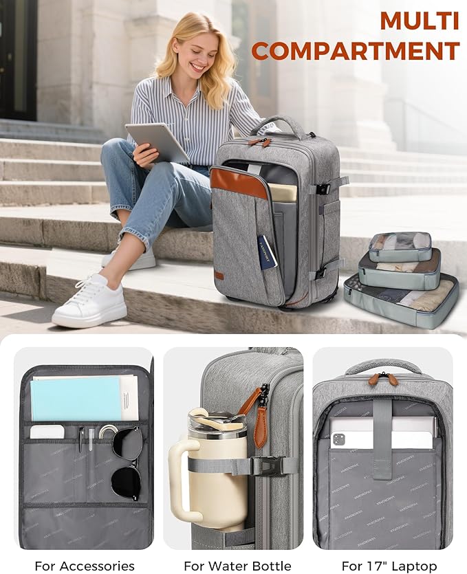Vancropak Expandable Travel Rolling Backpack with Wheels, Airline Approved Wheeled Backpack with 3 Packing Cubes, 17 Inch Roller Carry on Luggage Suitcase Laptop Bag for Men Women, Grey